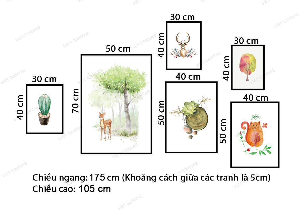 Bộ 6 Tranh Hươu, Chú Mèo, Cây Và Chậu Xương Rồng - VZ454