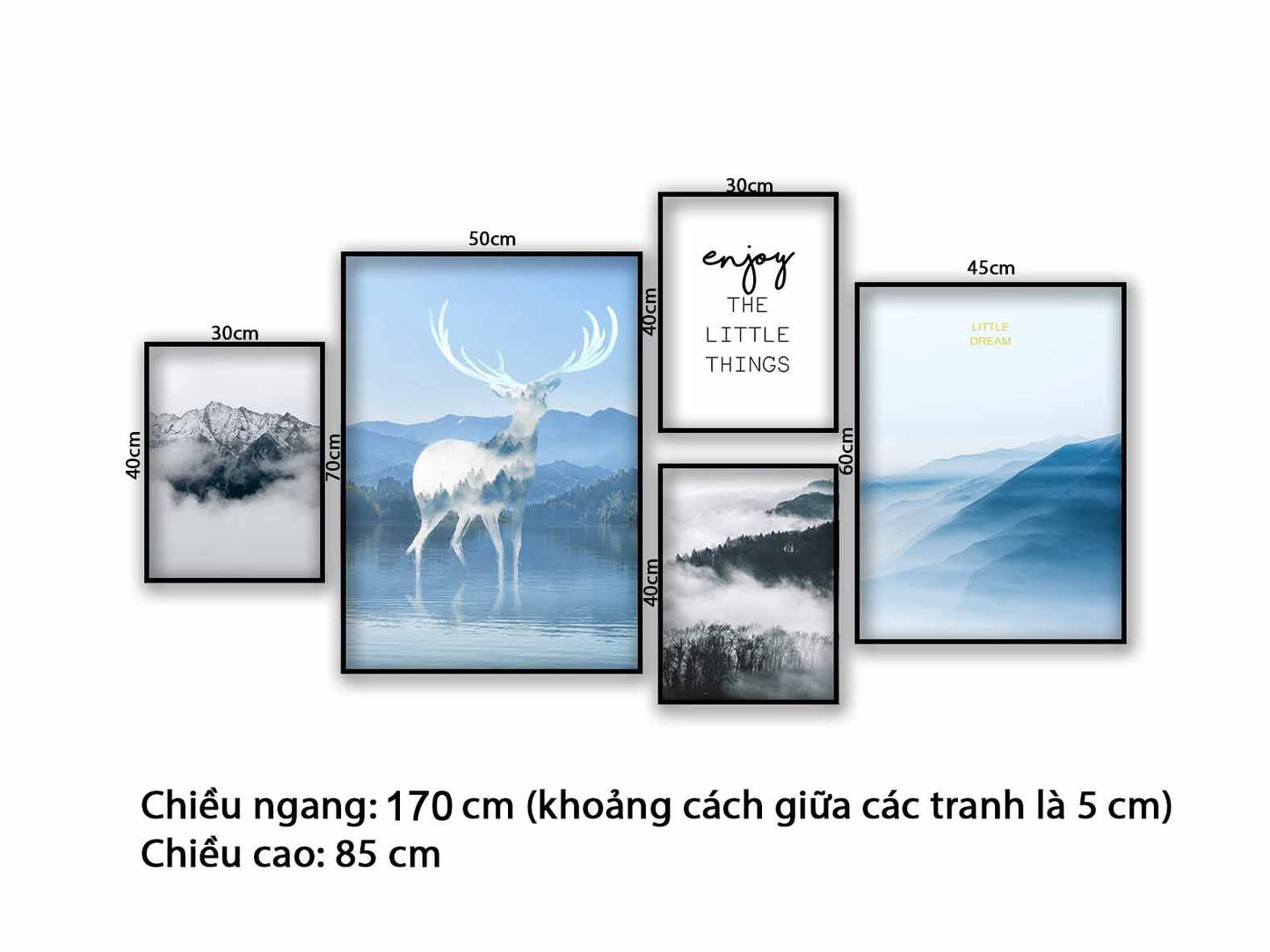 Bộ 5 Tranh Hươu, Đồi Núi Và Quotes - VB752