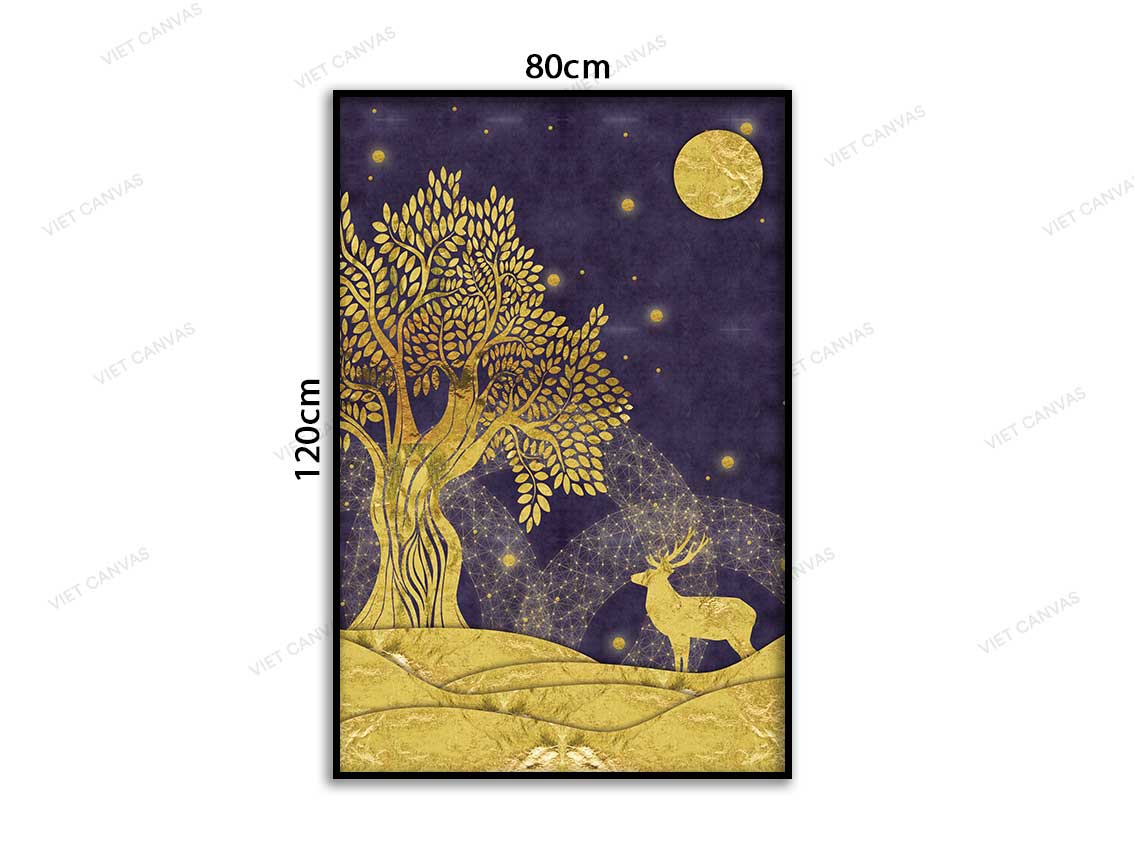 Tranh Đêm Ánh Trăng Vàng, Hươu Và Cây Cổ Thụ - VD093