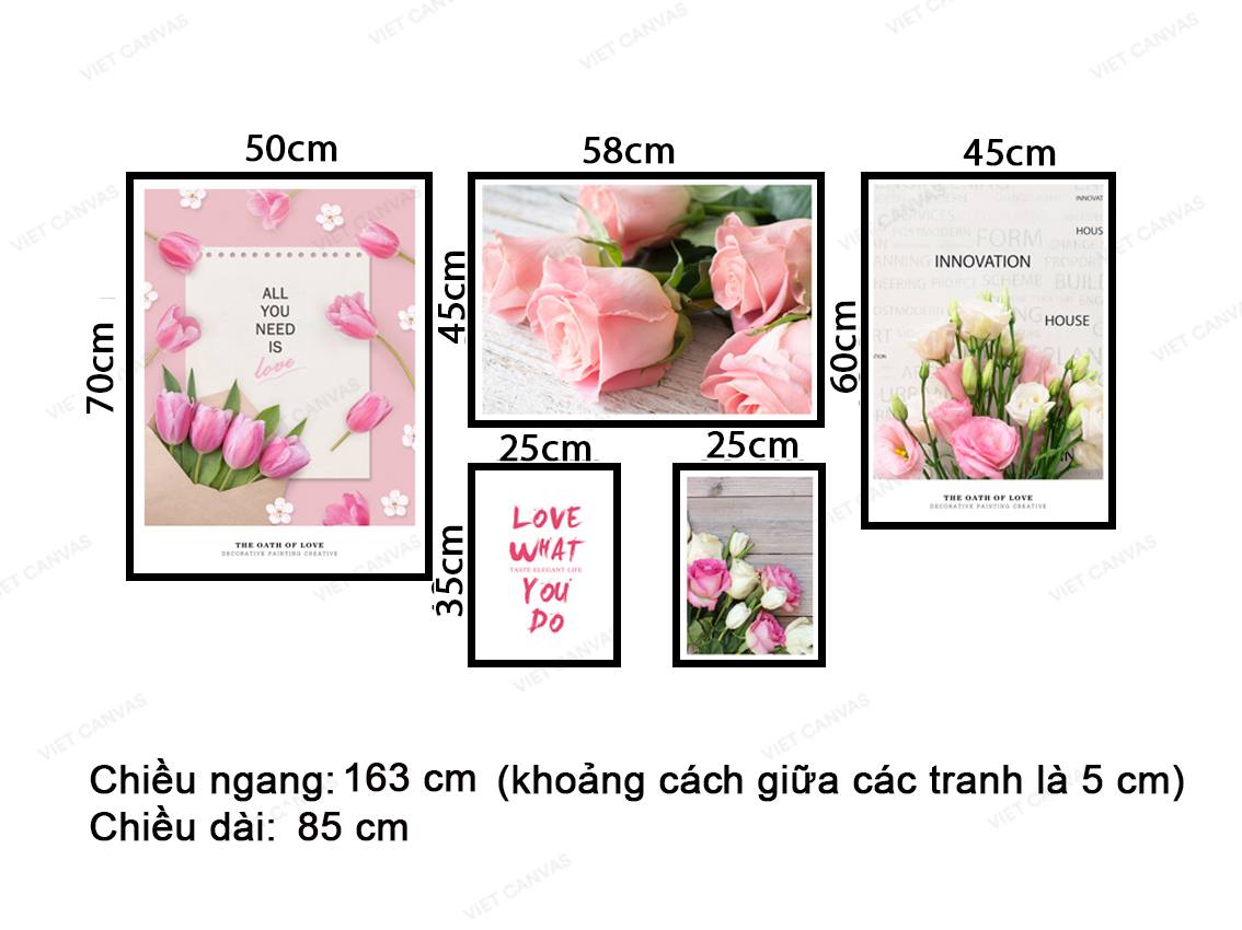 Bộ 5 Tranh Sắc Hồng Những Đoá Hoa Và Quotes - VZ460