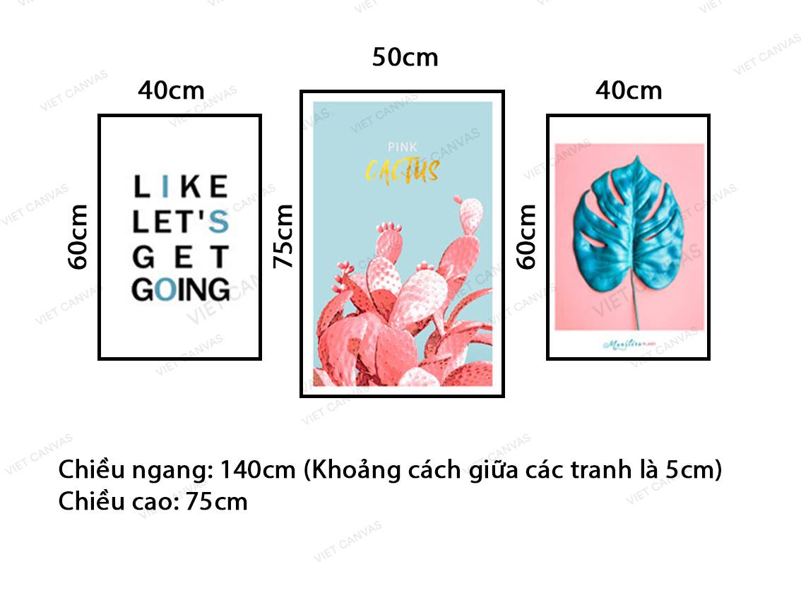 Bộ 3 Tranh Xương Rồng, Lá Cây Và Quotes - VZ085.2