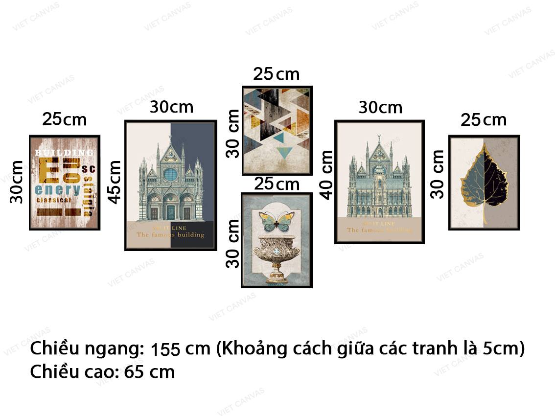 Bộ 6 Tranh Bướm, Lá Cây, Tòa Lâu Đài, Hình Học Và Quotes - VZ992