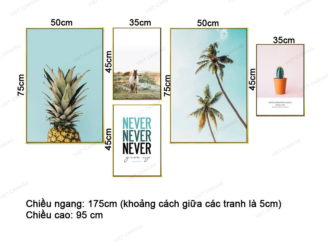 Bộ 5 Tranh Xương Rồng, Cây Dừa, Quả Dứa, Ngựa Và Quotes - VZ045.1