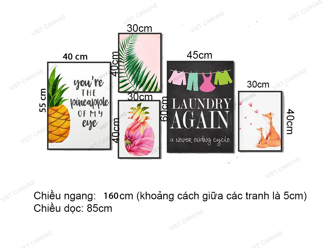 Bộ 5 Tranh Dứa, Chú Sóc, Lá Cây Và Quotes - VZ109.1