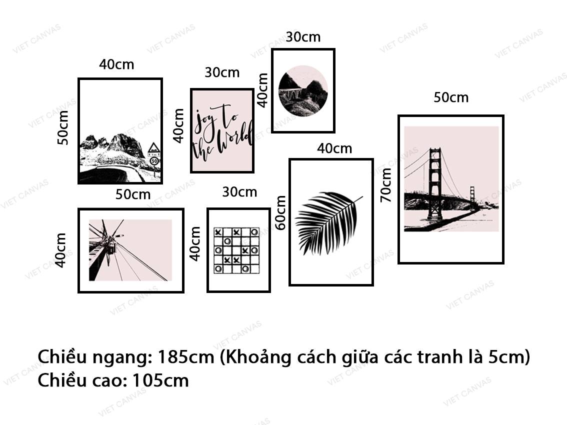 Bộ 7 Tranh Cầu, Lá Cây, Đường, Caro Và Quotes - VZ063.2