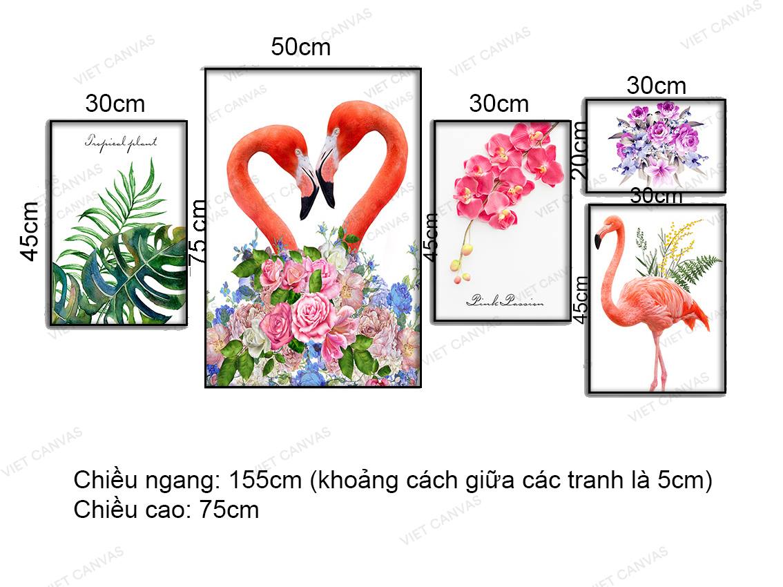 Bộ 5 Tranh Cặp Đôi Hồng Hạc Và Hoa Lá - VZ119.2