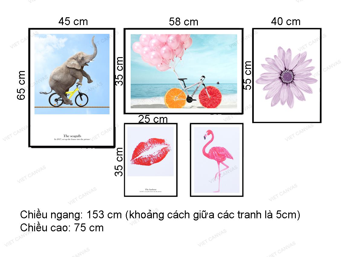 Bộ 5 Tranh Voi, Xe Đạp, Hoa, Đôi Môi Và Hồng Hạc - VZ136.2