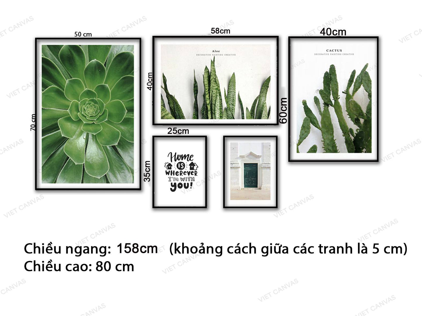 Bộ 5 Tranh Xương Rồng, Sen Đá, Cánh Cửa Và Quotes - VZ047