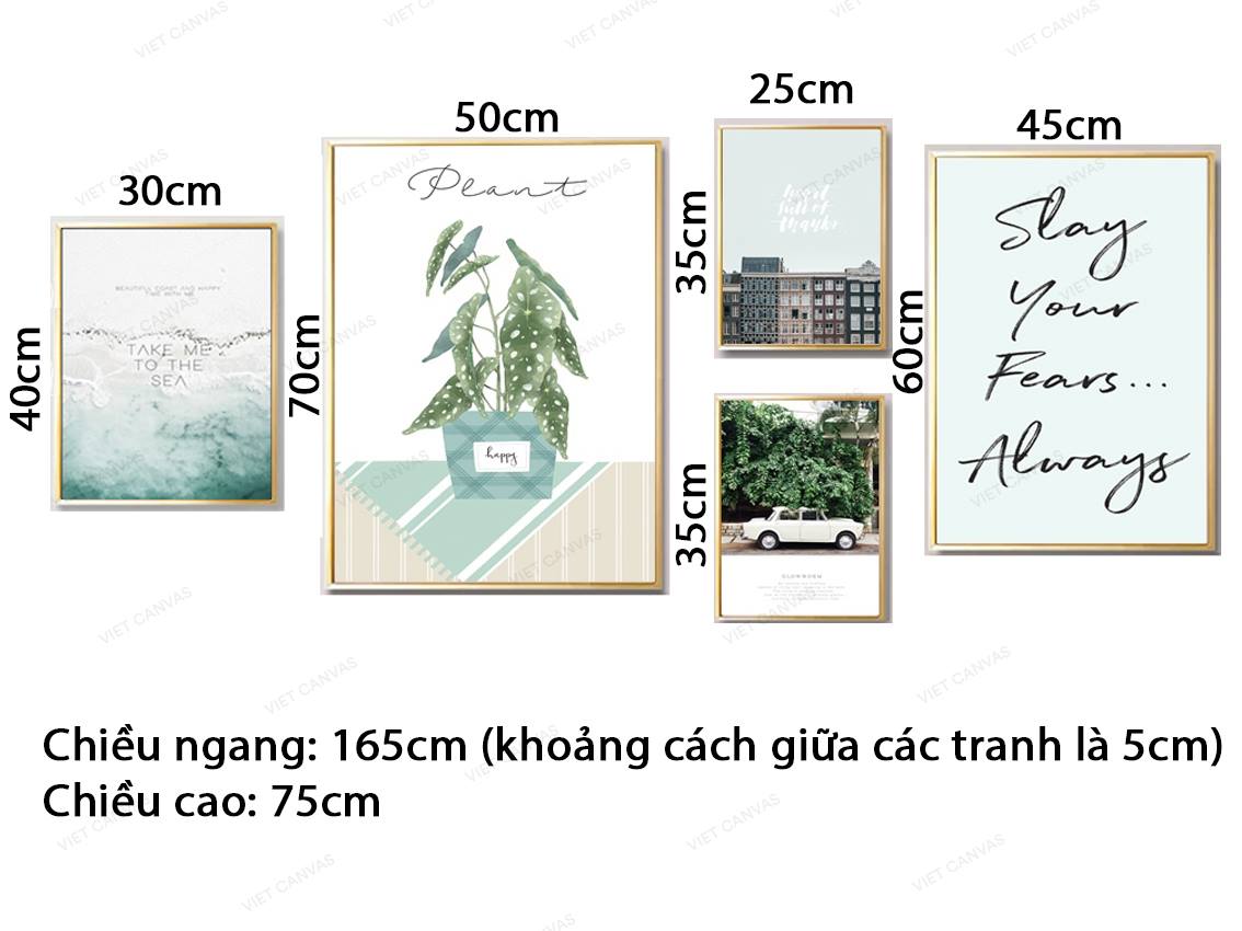 Bộ 5 Tranh Hoa Lá, Ô Tô, Biển Cả, Khu Nhà Và Quotes - VZ798.1