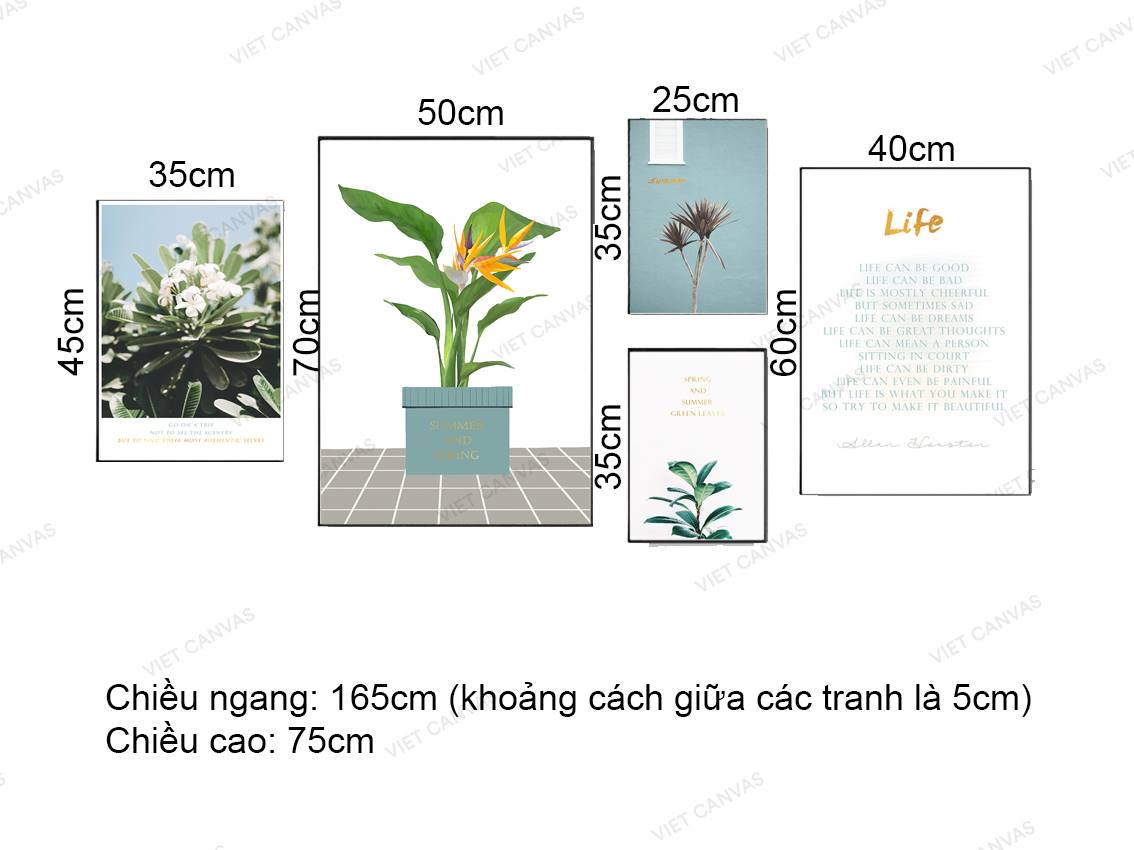 Bộ 5 Tranh Lá Xanh, Hoa Nở Và Quotes - VZ220.1