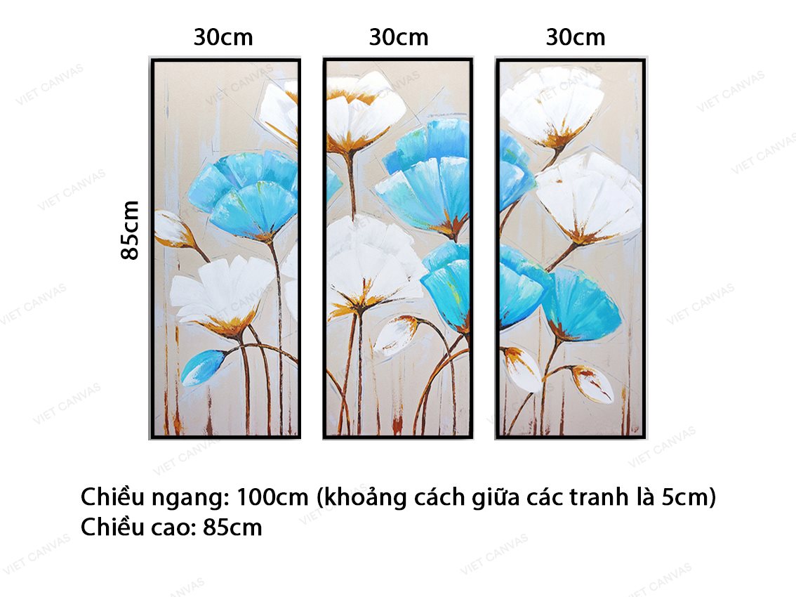 Bộ 3 Tranh Những Bông Hoa Xanh Trắng - VZ582