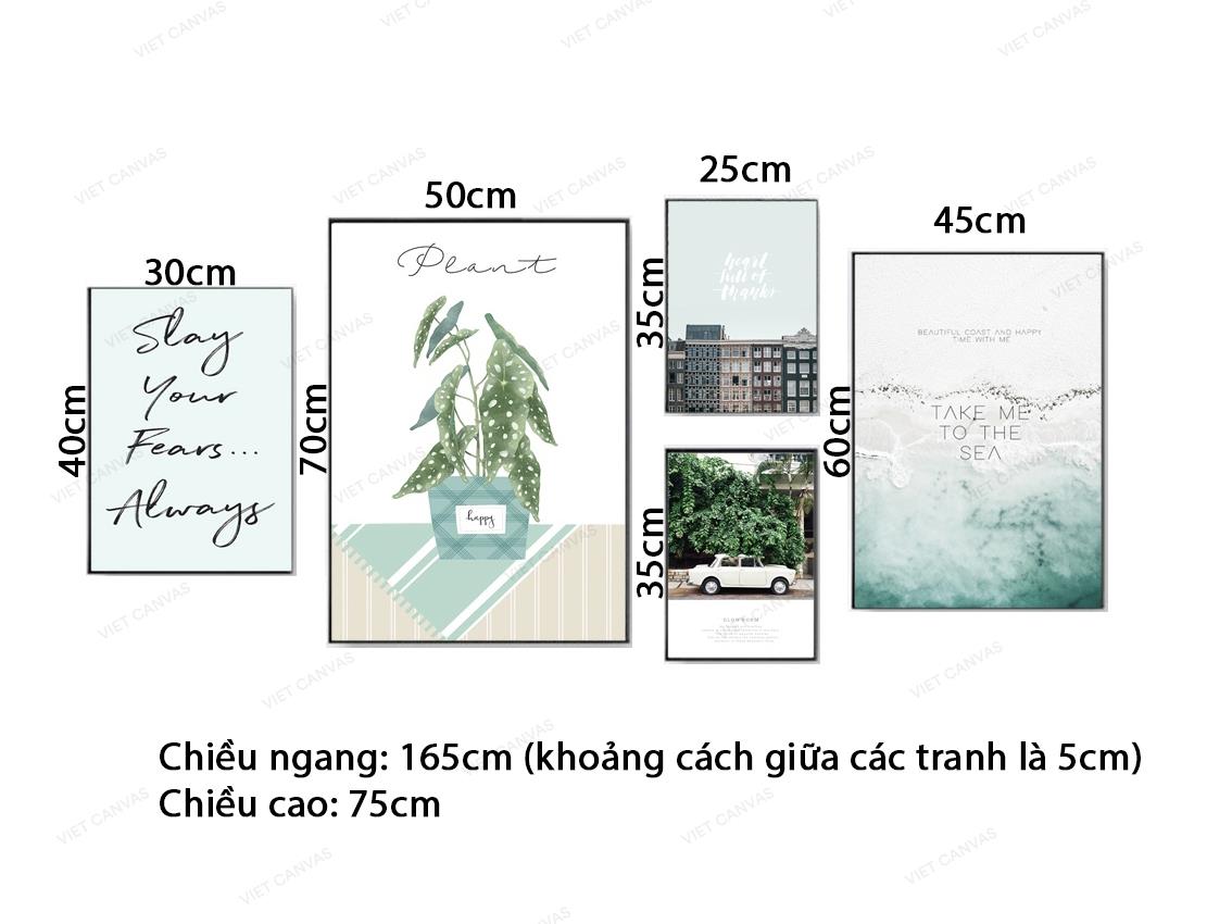 Bộ 5 Tranh Hoa Lá, Ô Tô, Biển Cả, Khu Nhà Và Quotes - VZ798