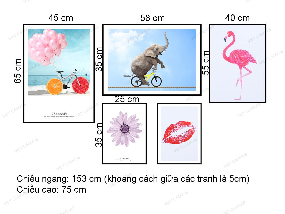 Bộ 5 Tranh Voi, Xe Đạp, Hoa, Đôi Môi Và Hồng Hạc - VZ136.1