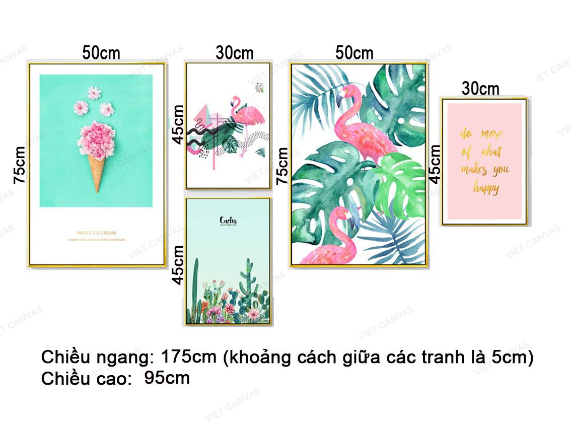 Bộ 5 Tranh Ly Kem Hoa, Vườn Hoa Xương Rồng, Quotes, Hồng Hạc Và Lá Cây - VZ022.1