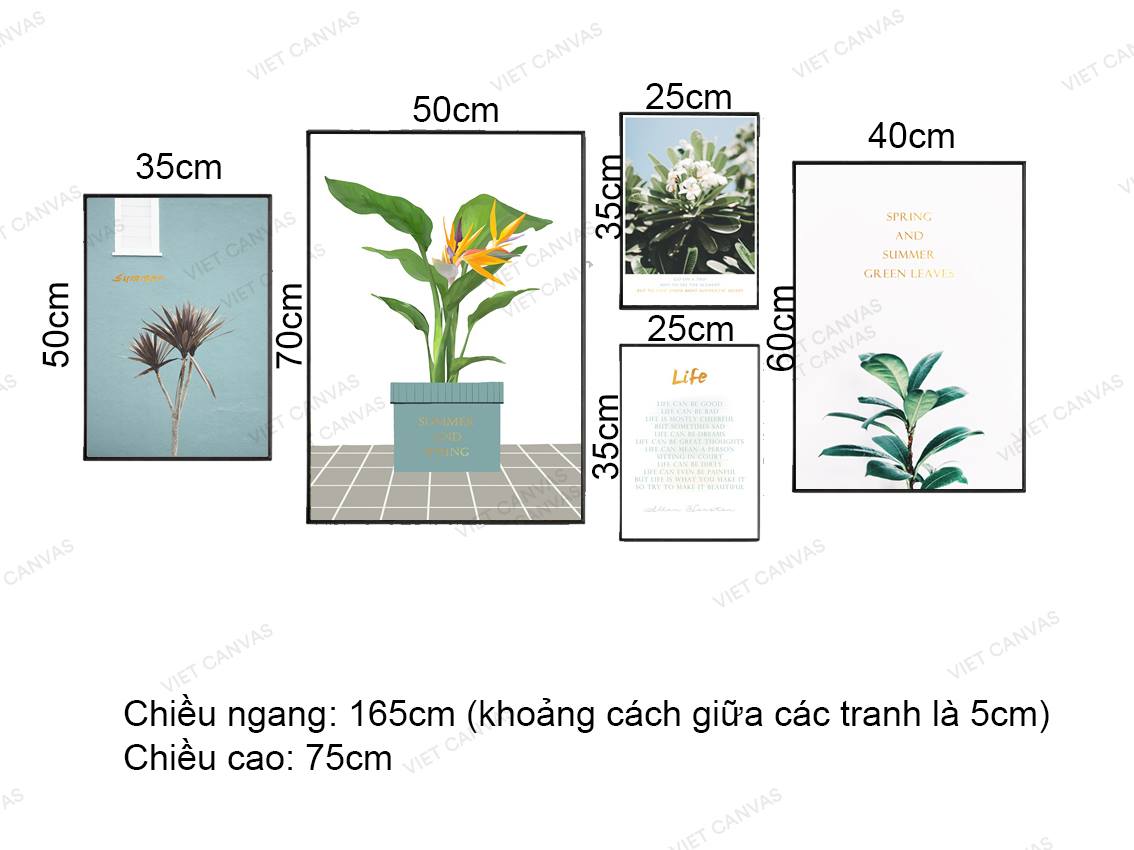Bộ 5 Tranh Lá Xanh, Hoa Nở Và Quotes - VZ220.2