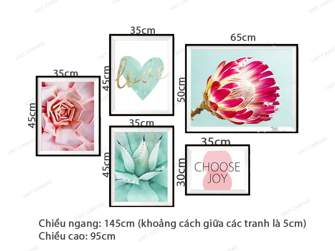 Bộ 5 Tranh Hoa Nở, Sen Đá Và Quotes - VZ584.2