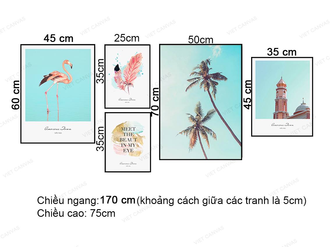 Bộ 5 Tranh Hồng Hạc, Lông Vũ, Cây Dừa, Ngọn Hải Đăng Và Quotes - VZ051.1