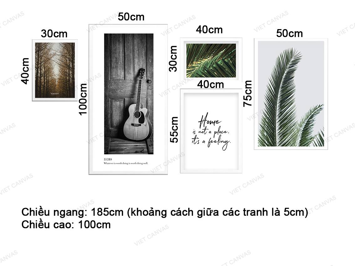 Bộ 5 Tranh Khu Rừng, Chiếc Đàn, Lá Xanh Và Quotes - VZ925.1