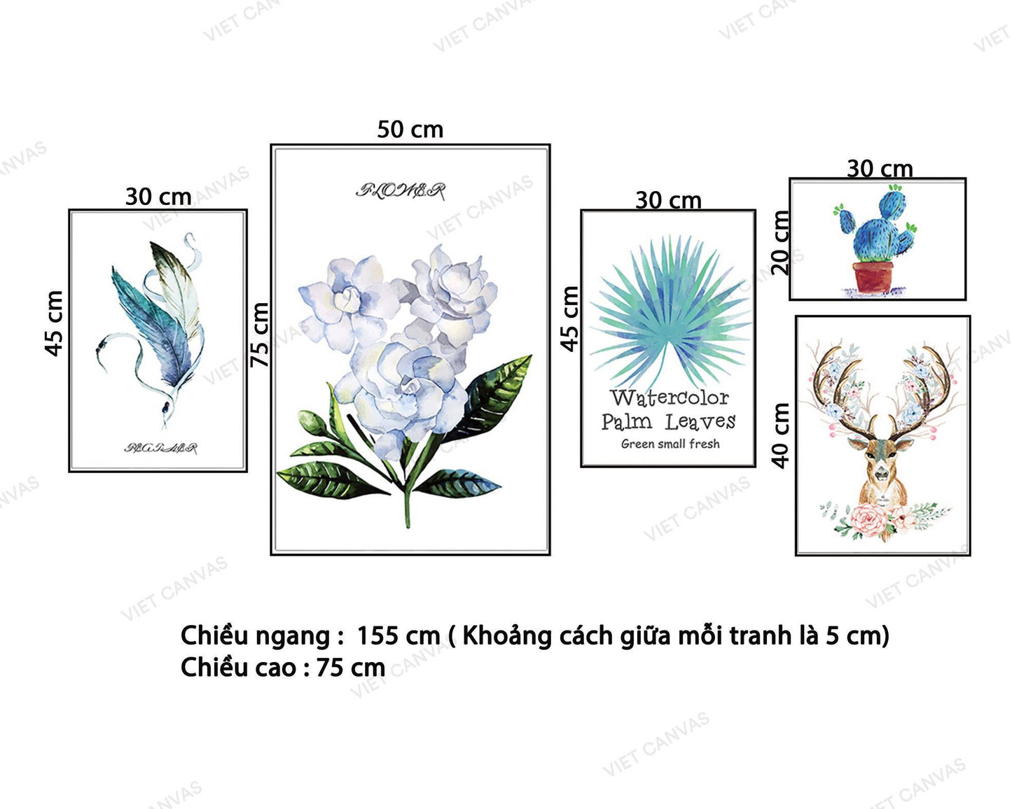 Bộ 5 Tranh Lông Vũ, Hươu, Cành Hoa, Lá Cây Và Chậu Xương Rồng - VY030.2