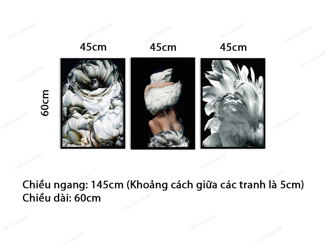 Bộ 3 Tranh Cô Gái Bên Hoa Và Lông Vũ Ấn Tượng - VY016.1