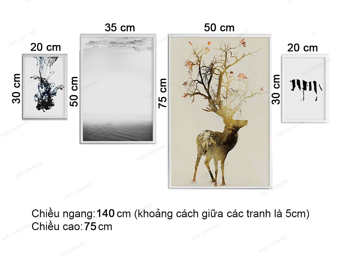 Bộ 4 Tranh Hươu, Ngựa Và Trừu Tượng - VZ837.1