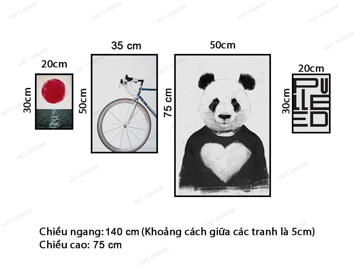 Bộ 4 Tranh Gấu Trúc Dễ Thương, Chiếc Xe Đạp Và Cảnh Biển - VZ929.1