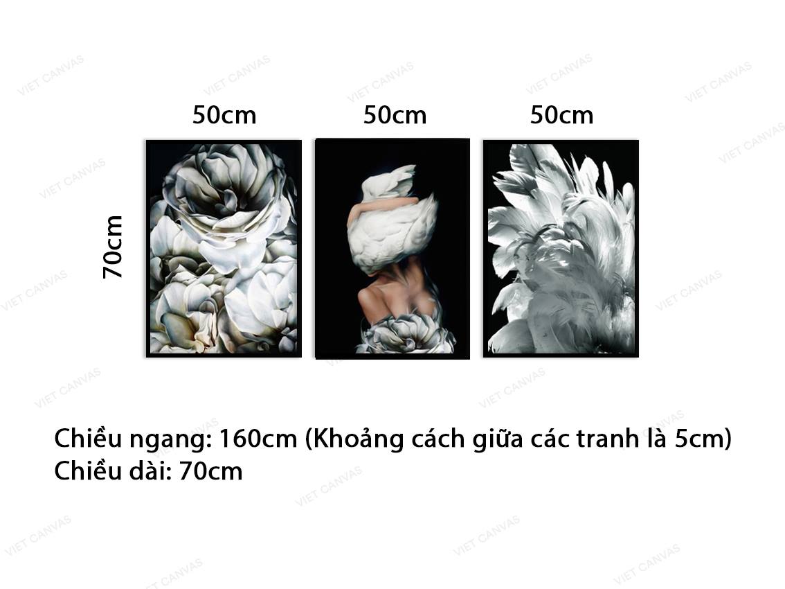 Bộ 3 Tranh Cô Gái Bên Hoa Và Lông Vũ Ấn Tượng - VY016.1