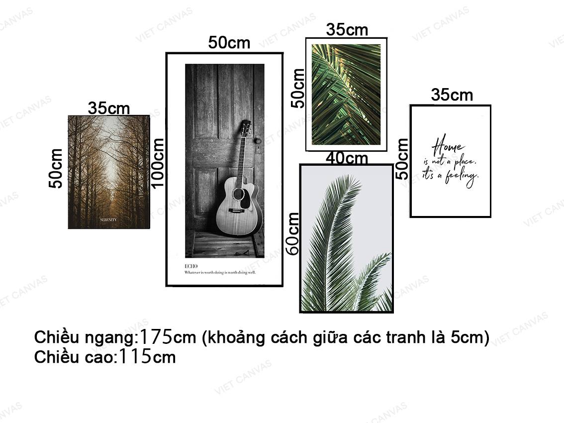 Bộ 5 Tranh Cây Đàn, Lá Xanh Và Quotes - VZ925.2