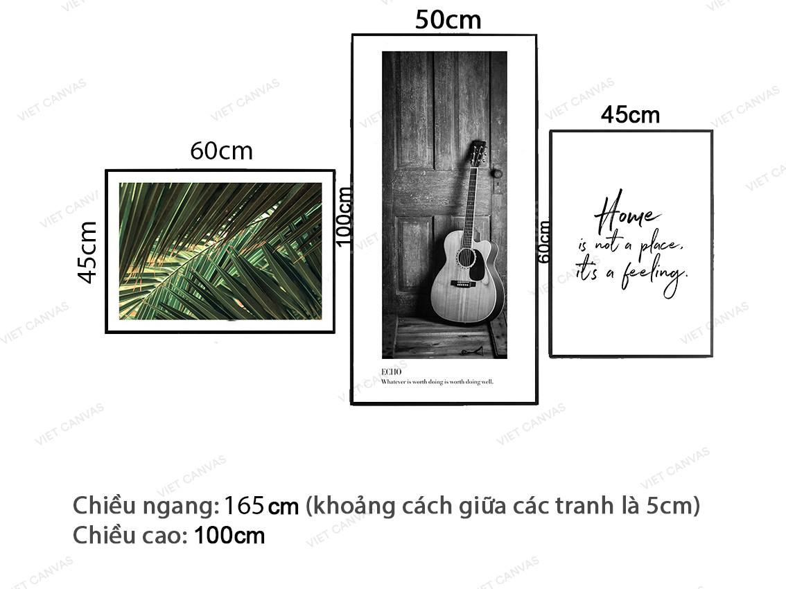 Bộ 3 Tranh Lá Xanh, Chiếc Đàn Và Quotes - VZ925.4