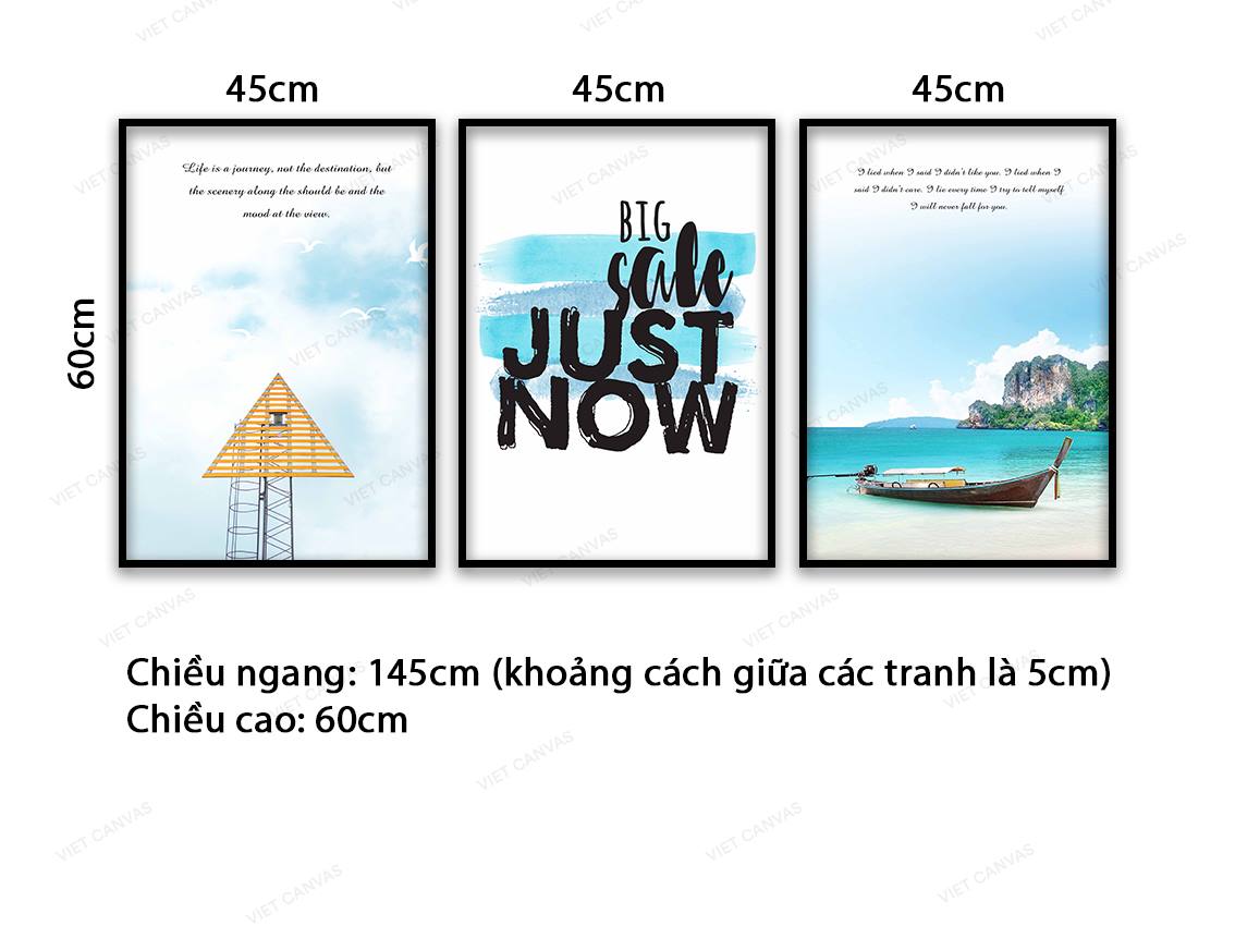 Bộ 3 Tranh Cảnh Biển Trời Bao La, Bầu Trời Chim Bay Và Quotes - VD524