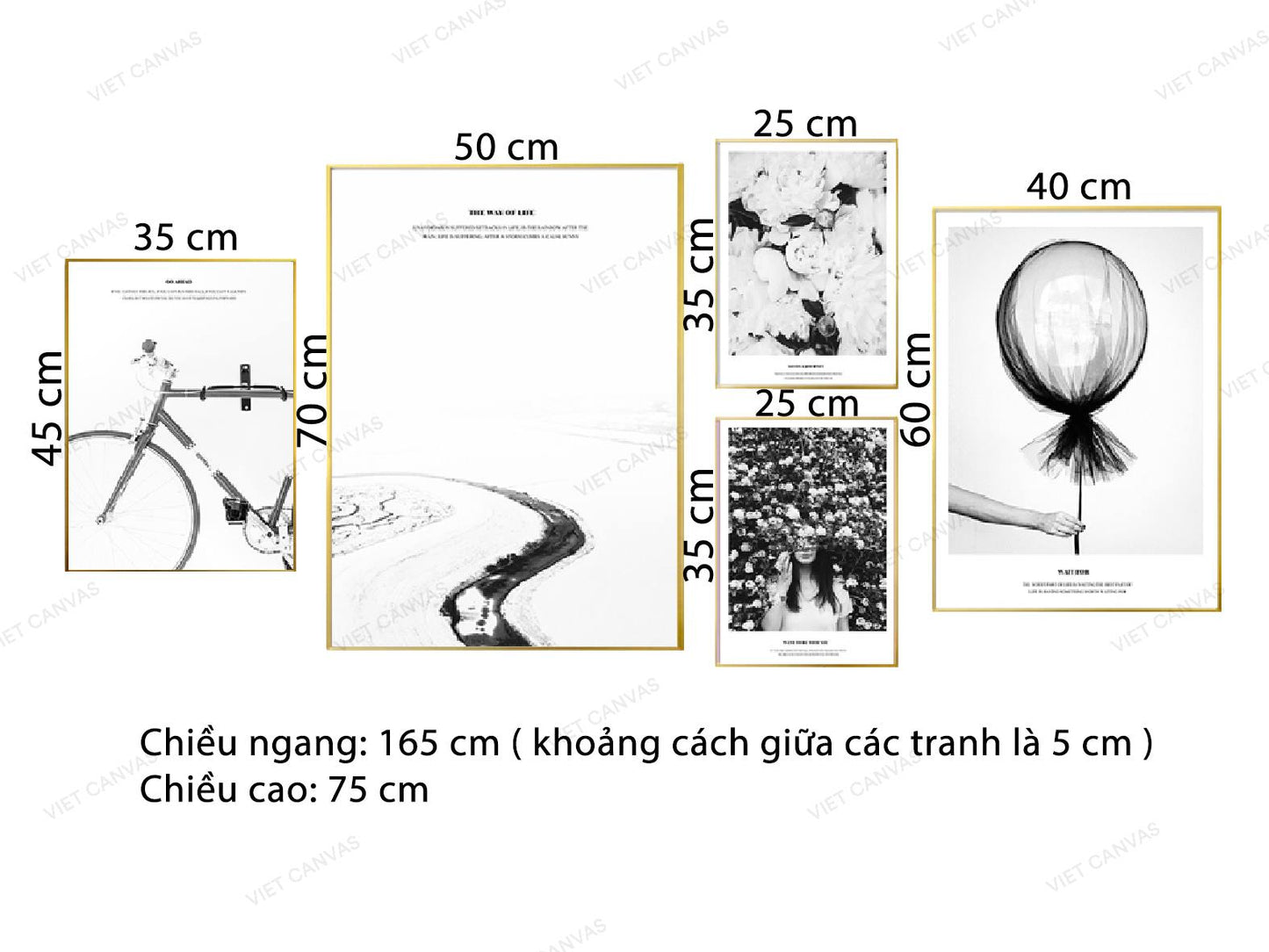 Bộ 5 Tranh Xe Đạp, Con Đường, Hoa, Bong Bóng Và Cô Gái - VK208.2