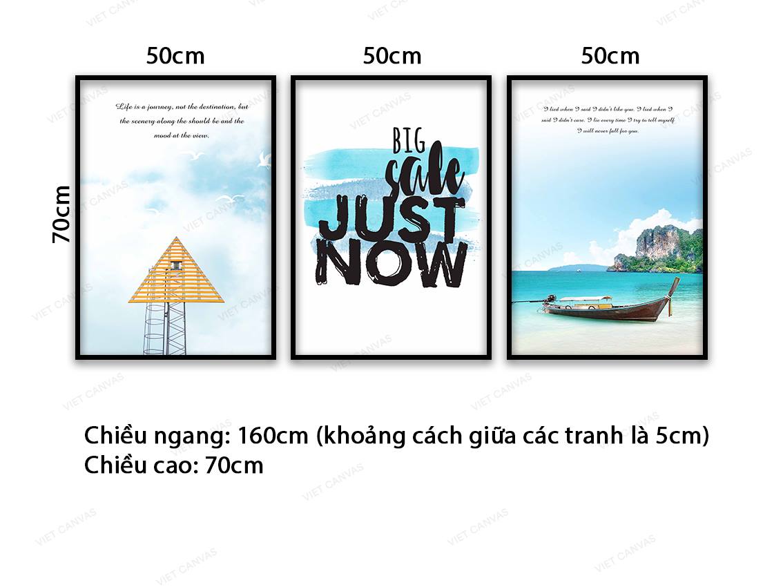 Bộ 3 Tranh Cảnh Biển Trời Bao La, Bầu Trời Chim Bay Và Quotes - VD524