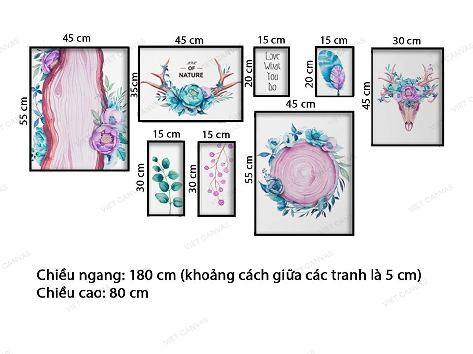 Bộ 8 Tranh Sừng Hươu, Vân Gỗ Và Hoa Lá - VK006.1