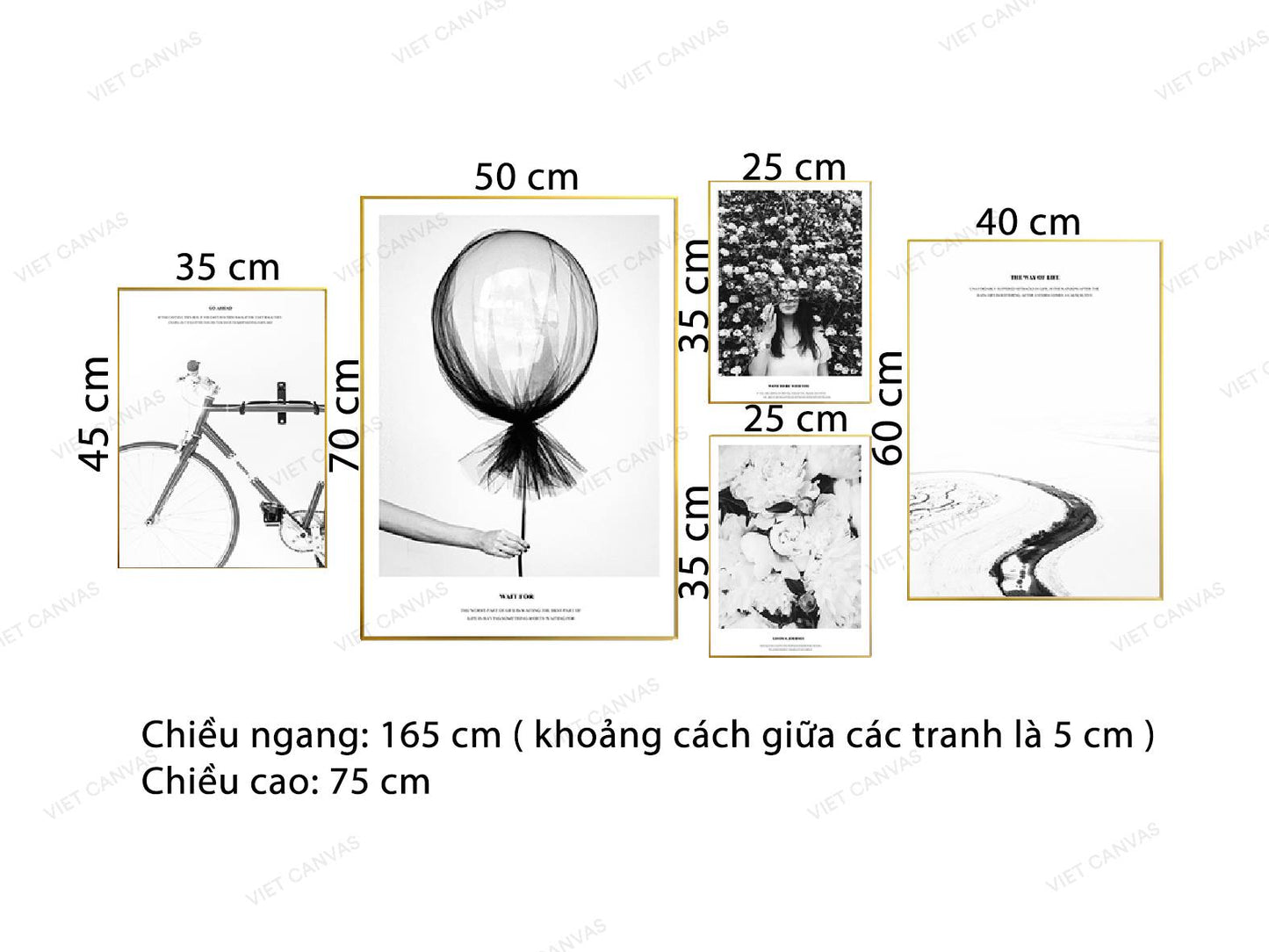 Bộ 5 Tranh Xe Đạp, Bong Bóng, Hoa, Con Đường Và Cô Gái - VK208.1