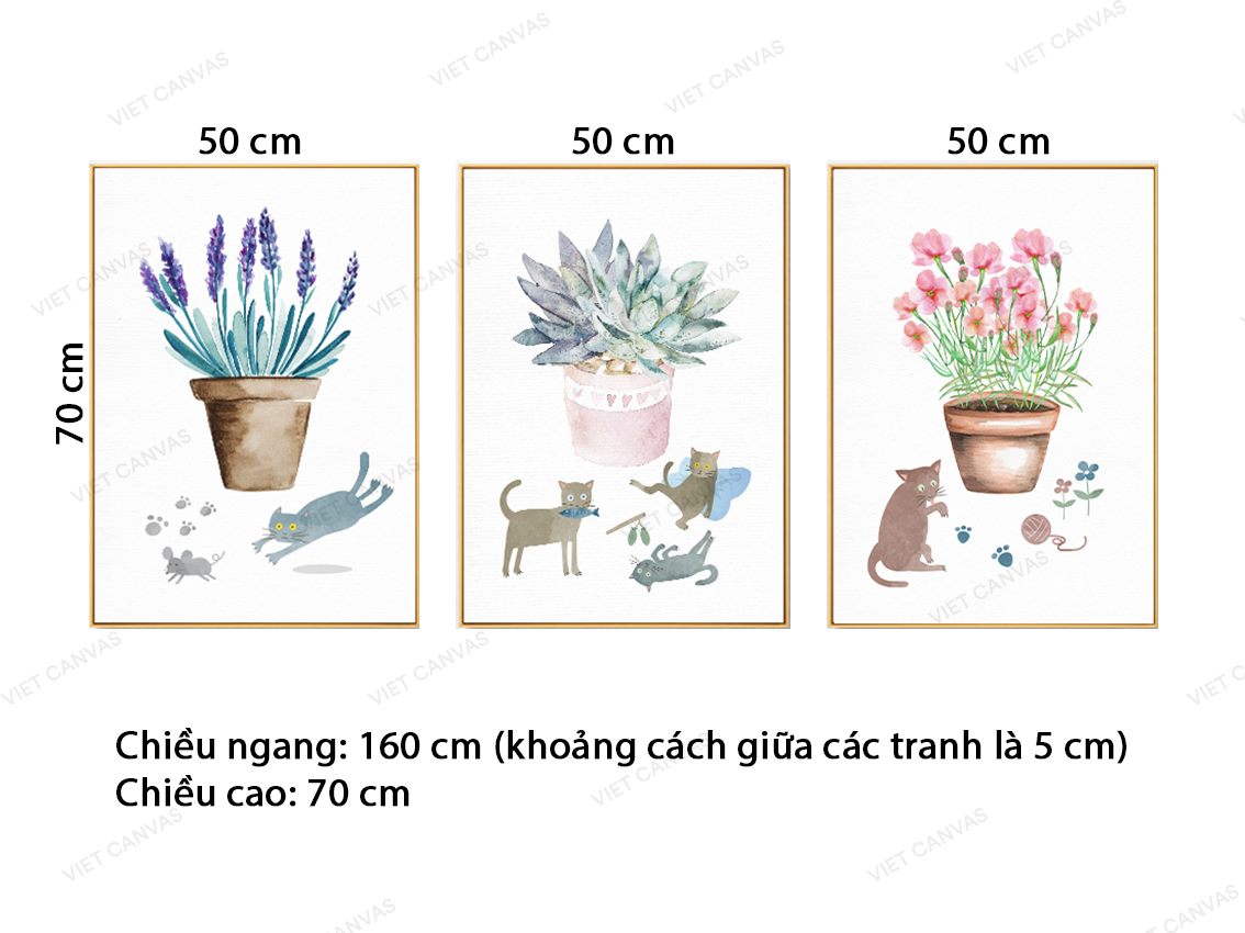 Bộ 3 Tranh Chậu Hoa, Sen Đá Và Những Chú Mèo - VZ869.1