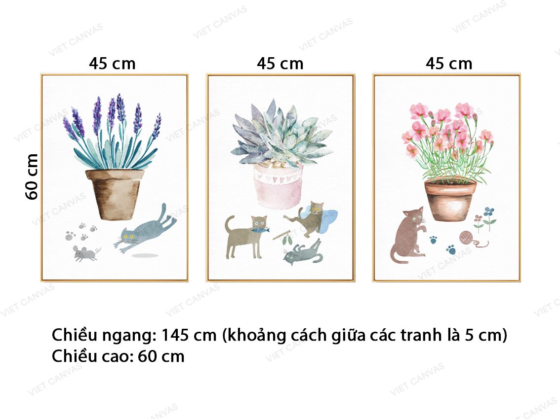 Bộ 3 Tranh Chậu Hoa, Sen Đá Và Những Chú Mèo - VZ869.1