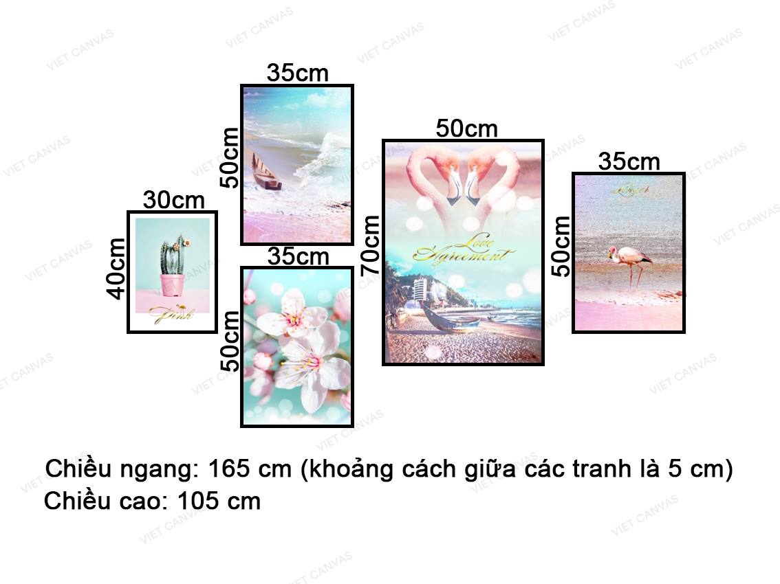 Bộ 5 Tranh Xương Rồng, Hồng Hạc Và Cảnh Biển - VZ743.1