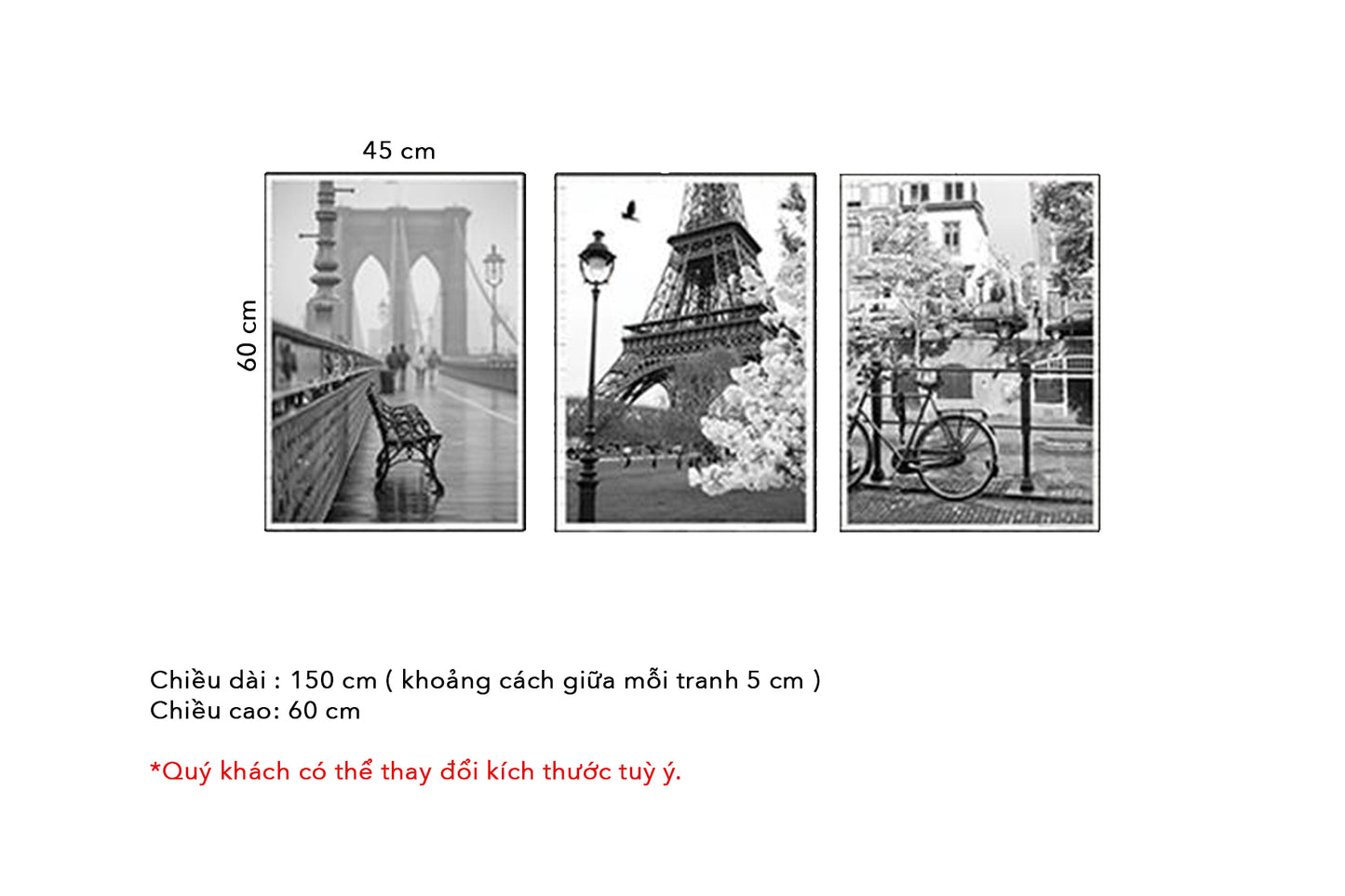 Bộ 3 Tranh Chiếc Cầu, Khu Phố Và Tháp Eiffel - HD118