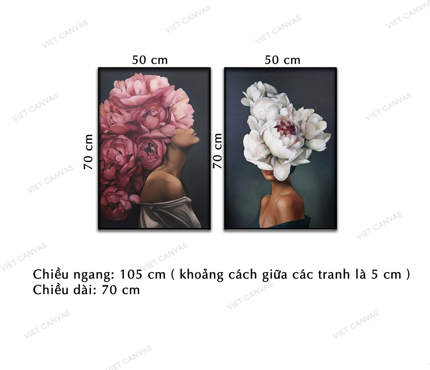 Bộ 2 Tranh Cô Gái E Ấp Bên Hoa - NT383