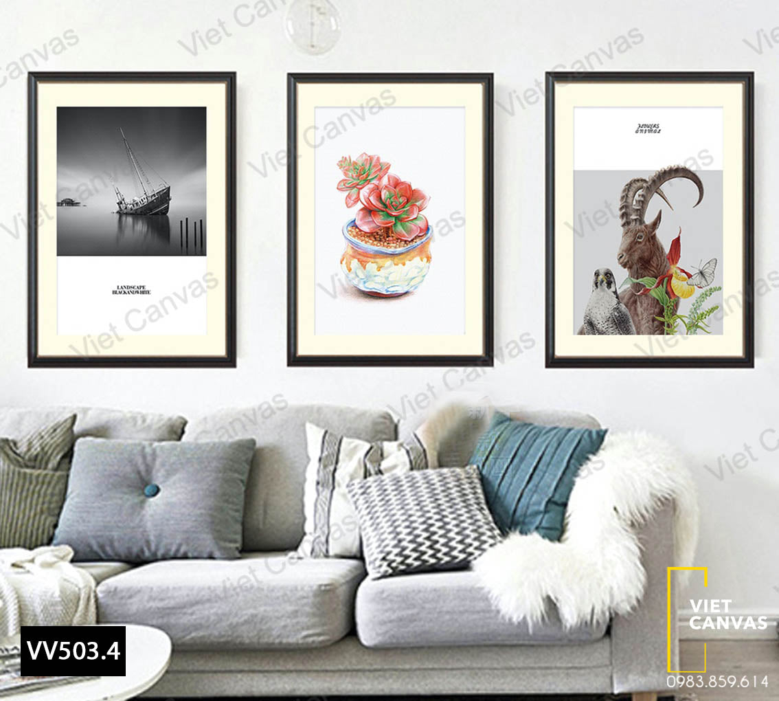 Bộ 3 Tranh Chiếc Thuyền, Sen Đá Và Động Vật - VV503.4