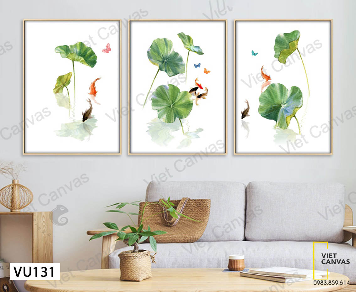 Bộ 3 Tranh Đàn Cá Dưới Những Cây Sen - VU131