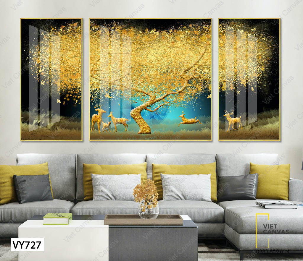 Bộ 3 Tranh Đàn Hươu Dưới Bóng Cây Lá Vàng - VY727