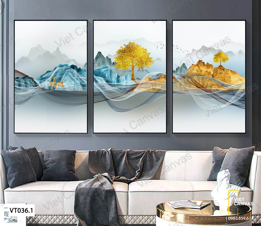 Bộ 3 Tranh Hươu Và Núi Rừng - VT036.1