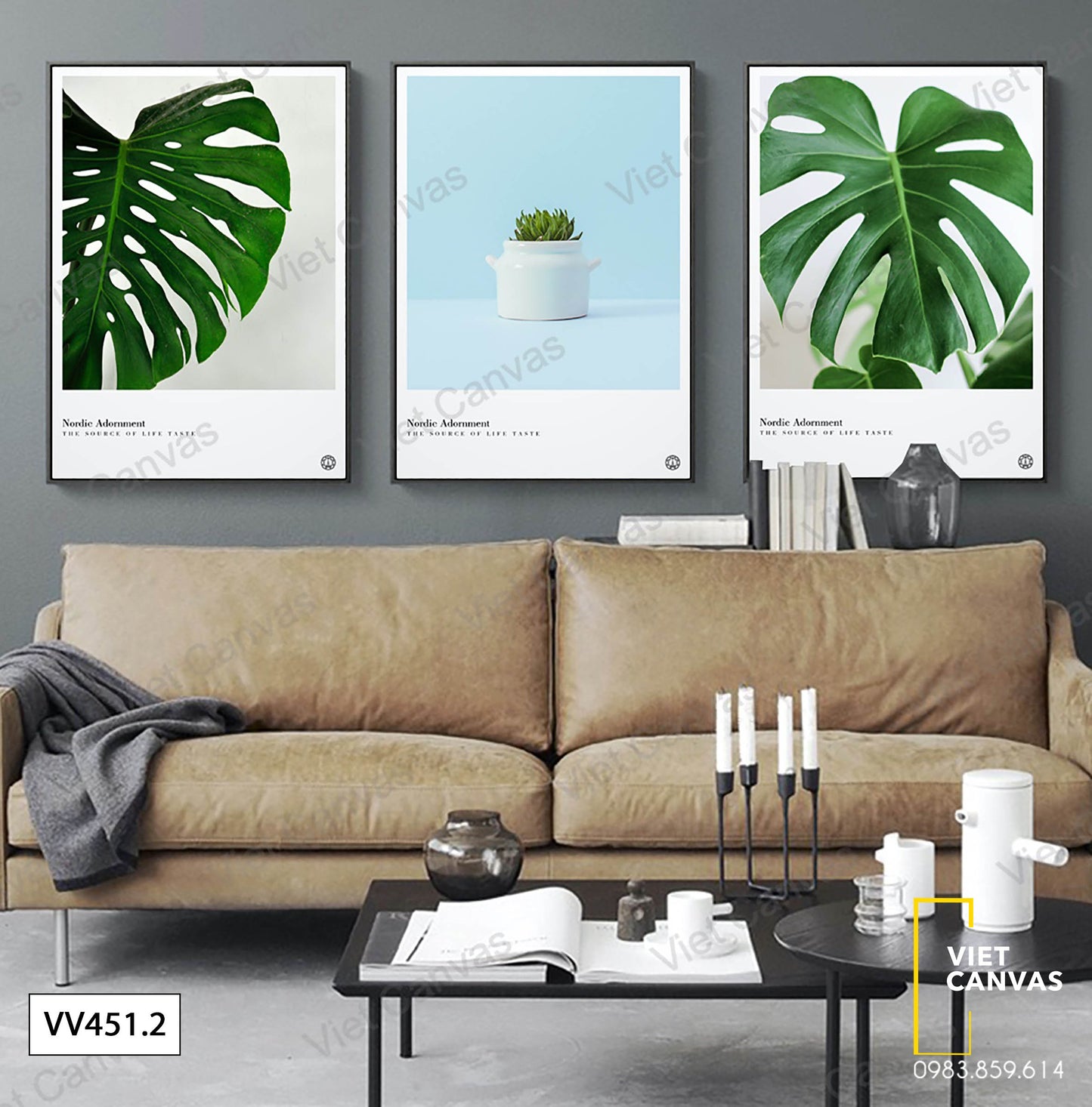 Bộ 3 Tranh Lá Cây Và Chậu Sen Đá - VV451.2