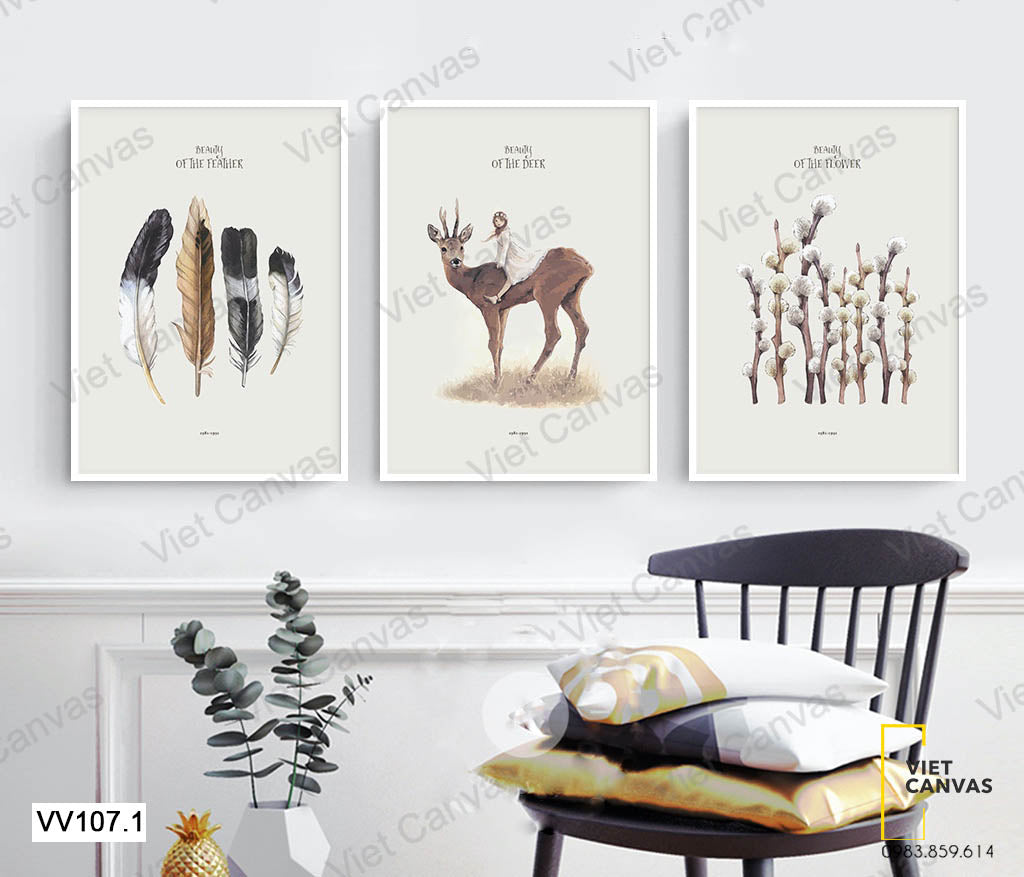 Bộ 3 Tranh Lông Vũ, Cây Hoa Và Công Chúa Trên Chú Hươu - VV107.1