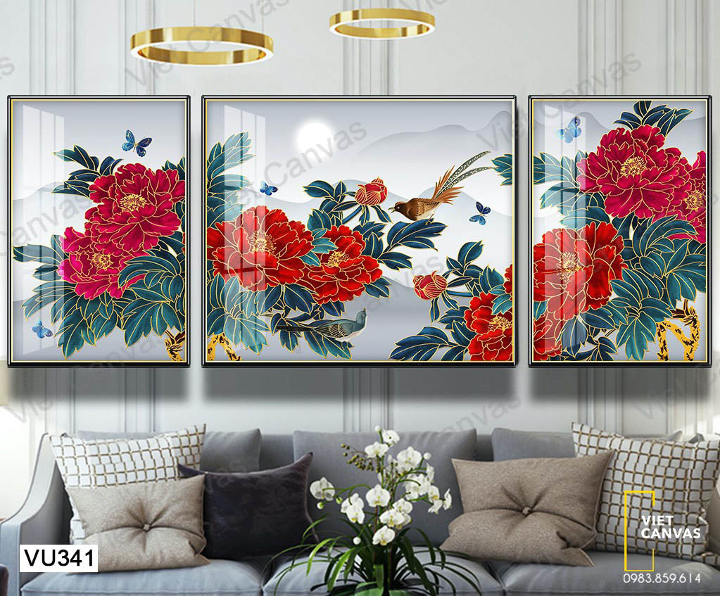 Bộ 3 Tranh Vườn Hoa Và Chim Bướm - VU341