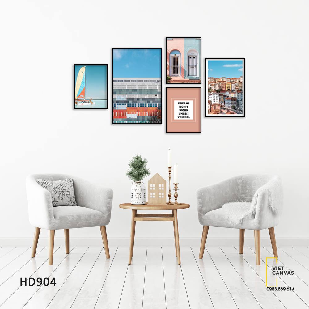 Bộ 5 Tranh Thành Phố Sắc Màu, Khung Cửa Sổ, Cánh Buồm Và Quotes - HD904