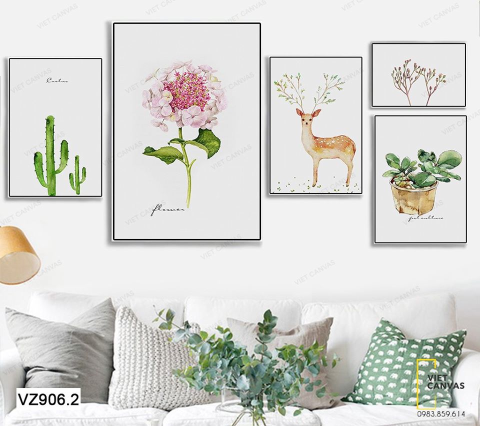 Bộ 5 Tranh Chú Hươu Bên Đóa Hoa Và Cây Lá, Xương Rồng - VZ906.2