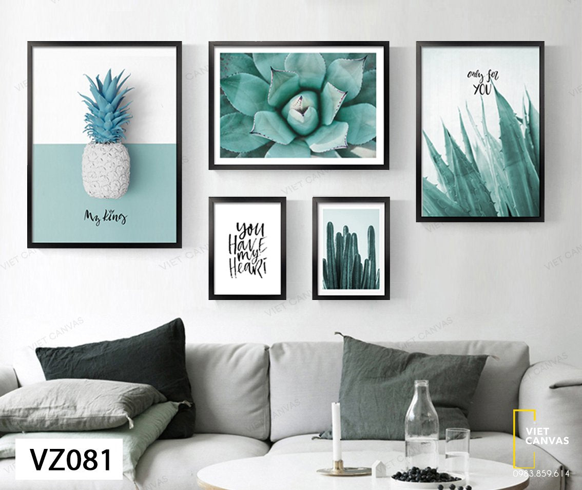 Bộ 5 Tranh Dứa, Sen Đá, Xương Rồng, Nha Đam Và Quotes - VZ081