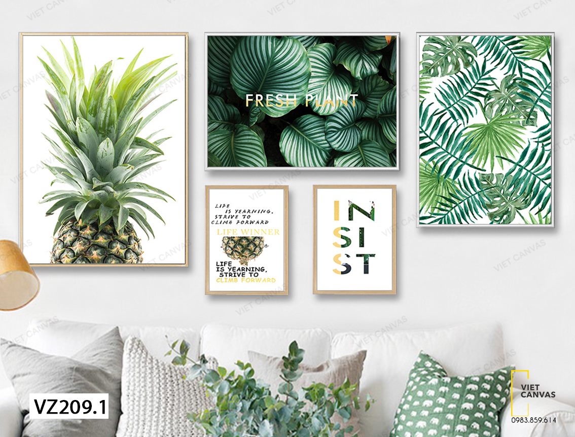 Bộ 5 Tranh Dứa, Lá Xanh Và Quotes - VZ209.1